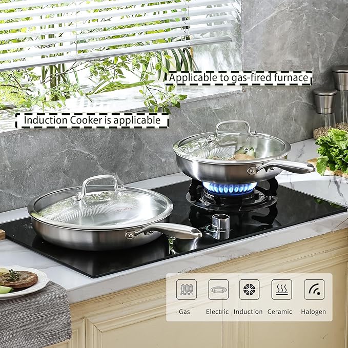 DELARLO Stainless Steel Pan 10.3Inch, Tri-ply Stainless Steel Frying Pan with Lid, Heavy Duty, Compatible with All Cooktop, up to 650℉, Fast & Even Heating, PTFE & PFOA Free, Oven Safe Skillet