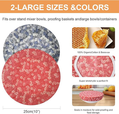 2Pcs Reusable Bowl Covers for Bread Proofing - Cotton Beeswax Bowl Covers Reusable with Elastic Rim, Eco-Friendly Sourdough Bowl Cover for Food Storage (10INCH) (Red & Black Leaves)