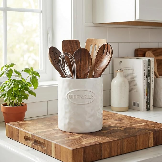 White Utensil Holder Set of 2 Ceramic Cooking Utensil Crock Modern Kitchen Utensil Organizer for Countertop Spatula Spoon and as a Decorative Vase for Housewarming Gift - Image 7