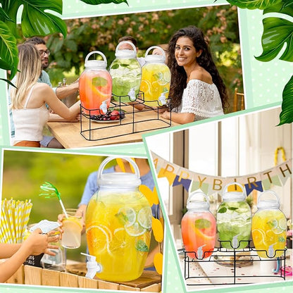 Tanlade 3 Pcs Plastic Drink Dispenser with Spigot and Metal Stand 1.2 Gallon Beverage Dispenser for Parties Juice Dispensers Lemonade Jar with Lids for Cold Drink Tea Water Container