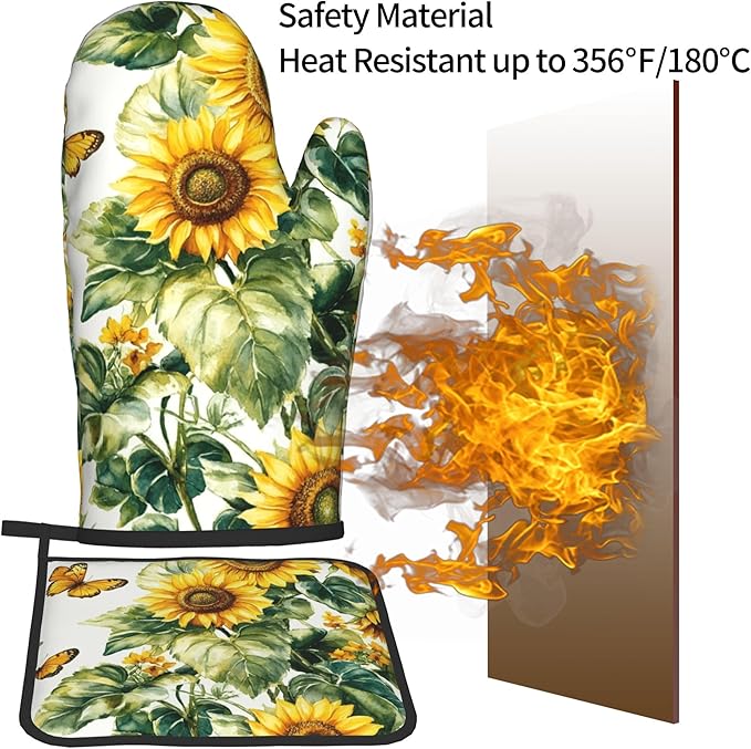 Sunflower Oven Mitts and Pot Holders Spring Summer Kitchen Accessories Set of 2 Floral Plant Botanical Gloves Potholder for Chef Cooking Baking Grilling BBQ - Image 5