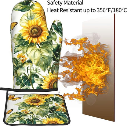 Sunflower Oven Mitts and Pot Holders Spring Summer Kitchen Accessories Set of 2 Floral Plant Botanical Gloves Potholder for Chef Cooking Baking Grilling BBQ - Image 5