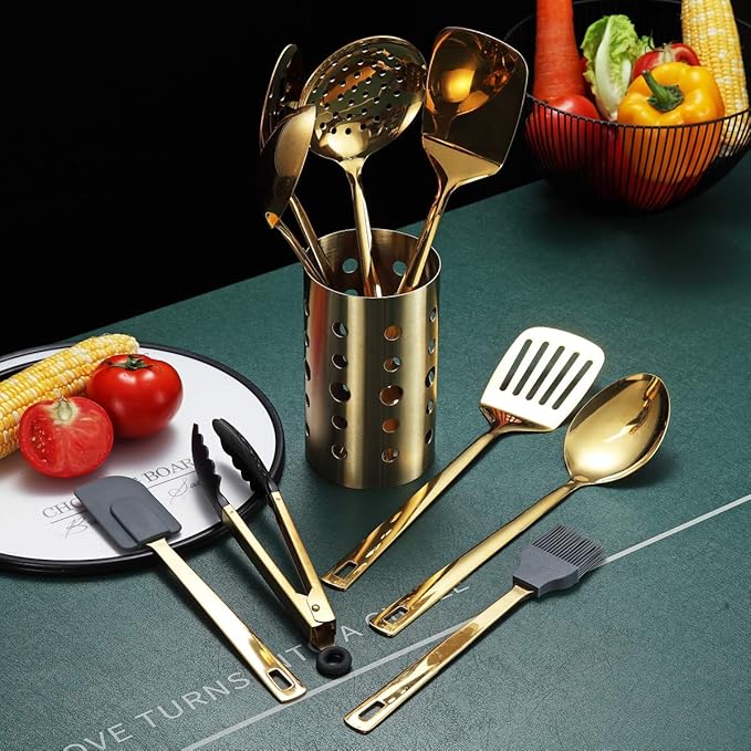 Gold Cooking Utensils Set, Berglander Stainless Steel 13 Pieces Kitchen Utensils Set With Titanium Gold Plating, Kitchen Tools Set With Utensil Holder, Dishwasher Safe, Easy to Clean - Image 4