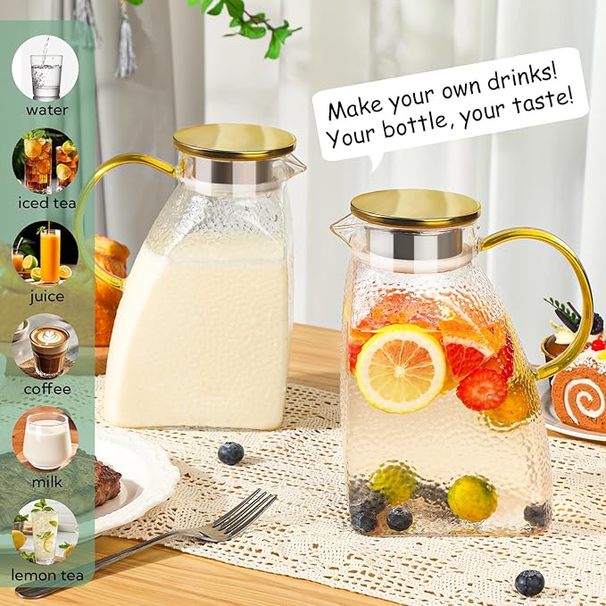 2 Pack Glass Pitcher with Lid and Handle, 1.8 Liter 60 oz Water Jugs for Fridge, Iced Tea Pitcher, Juice Carafe, Milk, Coffee, Hot/Cold Beverage Container（With Mixing Spoon and Cup Brush）