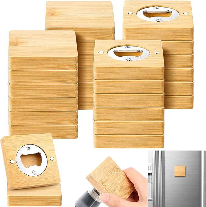 Vesici 24 Pcs Magnetic Bottle Opener 2.5in DIY Bamboo Square Shape Beer Openers Wooden Fridge Magnet Refrigerator Sticker Gift for Beer Lover Wedding Guest Kitchens Bars Parties by Vesici