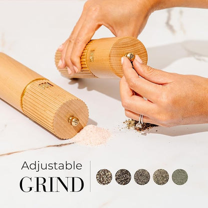 Wooden Salt and Pepper Grinder Set – Refillable Manual Salt and Pepper Mills with Adjustable Ceramic Burrs, Gold Detailing, and Wood Stand - Image 3