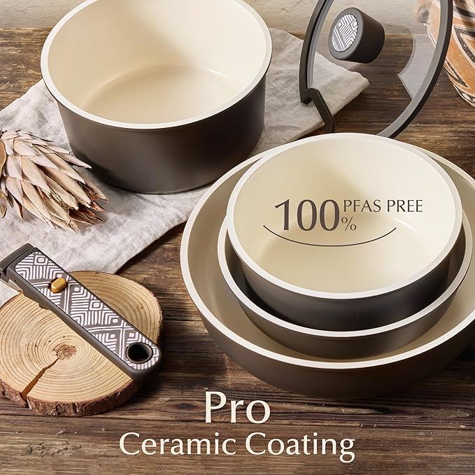 CAROTE 21-Piece Ceramic Cookware Set, Nonstick Pots and Pans Set with Detachable Handle, Non-Toxic Kitchen Cooking Set, Induction Compatible, Dishwasher & Oven Safe, Charcoal - Image 5