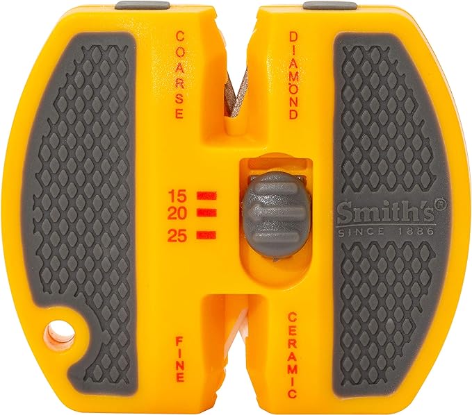 Smith’s 50917 Adjustable 2-Step Knife Sharpener – Yellow - Preset Coarse & Fine Slots - Outdoor Handheld Knife Sharpener - Fishing, Hunting, Fillet, Pocket Knives - Portable Compact Keychain Tool by SmithsConsumerProductsInc