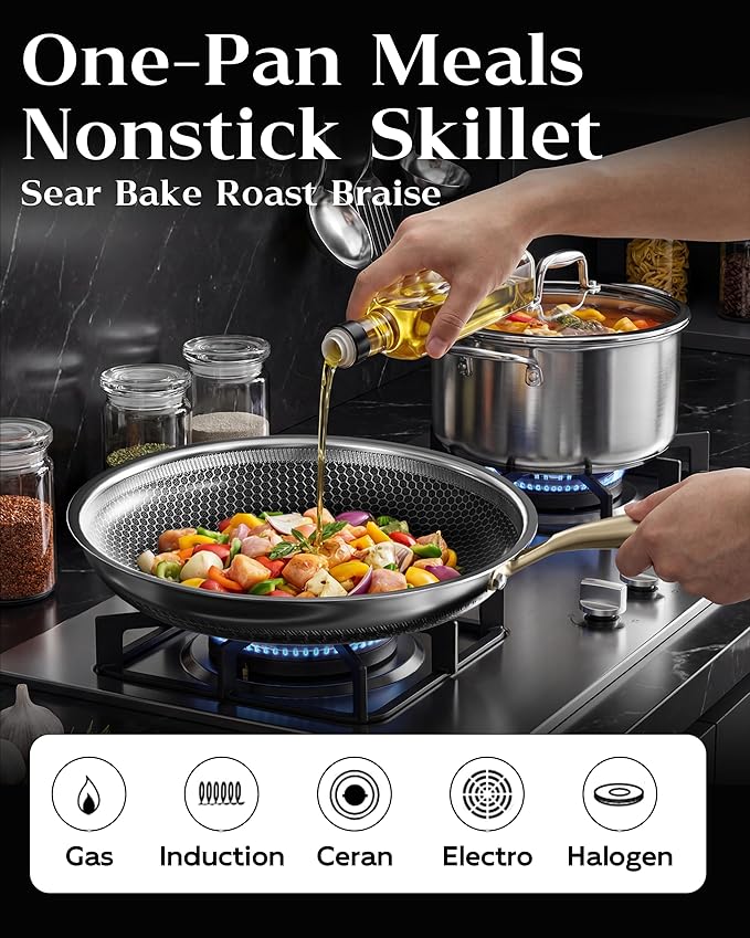 Nonstick Frying Pan with Lid 10-Inch, Durable Stainless Steel Skillet, Induction Cooktop Compatible, PFOA-Free Scratch-Proof, Dishwasher & Oven Safe, Stay-Cool Handle, Silver Kitchen Cookware - Image 4