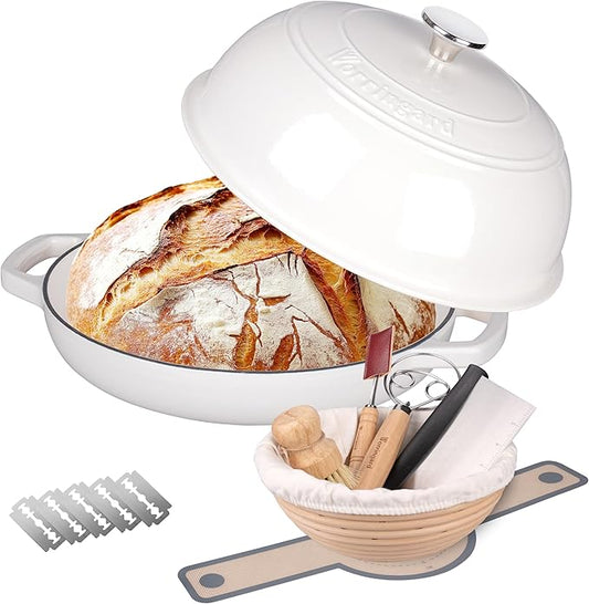 VORRINGARD Enameled Cast Iron Dutch Oven Pot with Lid, Bread Oven for Sourdough Bread Baking, Dutch Ovens with Bread Proofing Basket& Baking Supplies Set, 6 Quart, White