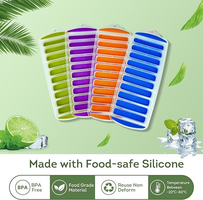 Lily's Home Set of 4 Silicone Ice Cube Tray without Lid, BPA-Free, Ideal for Water Bottles &Sports Bottles,Stackable Design for Quick Release, Skinny Ice Cube Trays for Freezer(11.81"x4.61"x0.75") - Image 3