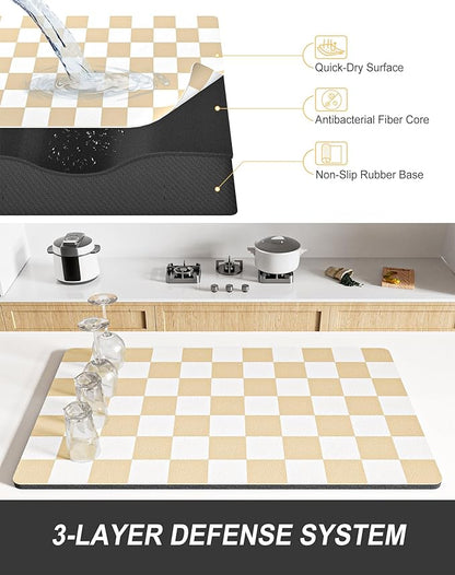 Rnivvi Dish Drying Mat for Kitchen Counter, XL 15 x 24" Cute Checkered Absorbent Draining Pad, Non-Slip Heat Resistant Coffee Bar Mat for Coffee Machine Station Accessories, Beige White Dish Rack Pad - Image 4