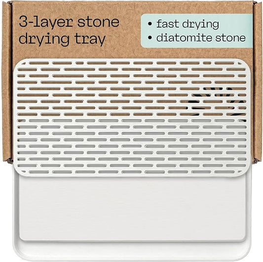 Deepstone 3-Layer Stone Dish Drying Mat for Kitchen Counter - Diatomaceous Earth Quick Dry Mat with Removable Plastic Topper and Non-Slip Base Pad, 16 x 9 in (White)