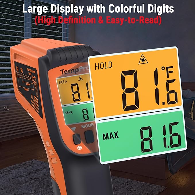 TempPro TP450 2 Laser Temperature Gun for Cooking, 16:1 D:S Ratio Infrared Thermometer Gun for Pizza Oven, Laser Thermometer Gun with Adjustable Emissivity Temp Gun -58 to 1022℉(Previously ThermoPro) - Image 6