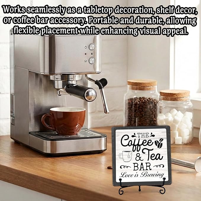 Coffee Bar Sign, Love is Brewing Farmhouse Tabletop Decor, Coffee and Tea Lover Gifts, 5x5 Wood Plaque with Iron Stand for Home Kitchen Cafe, Coffee Bar Decor – L08 - Image 4
