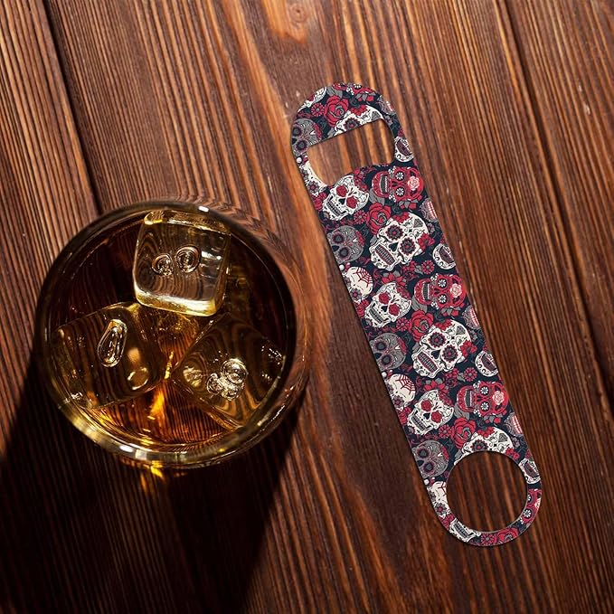 Skull and Flowers Stainless Steel Bottle Opener Day of The Dead Skull Red Peony Rock Roll Fashion Style Flat Beer Bottle Opener Keychain for Home Kitchen Bar Restaurant Party Birthday Gift