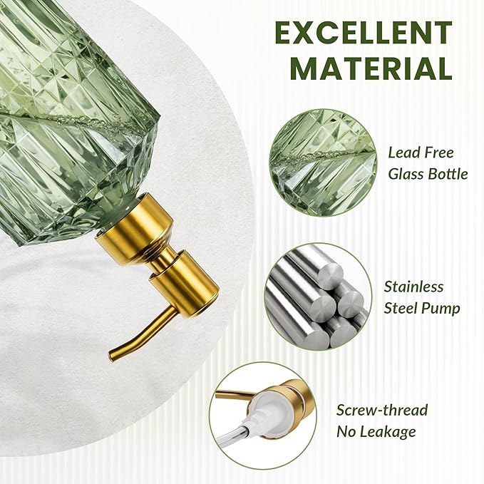 AmazerBath Soap Dispenser Green Glass Soap Dispenser with Pump Stainless Steel, 14.2OZ Luxury Gold Hand Soap Dispensers Bottles Bathroom, Refillable Kitchen Soap Dispenser for Dish Soap, 1 Pack - Image 2
