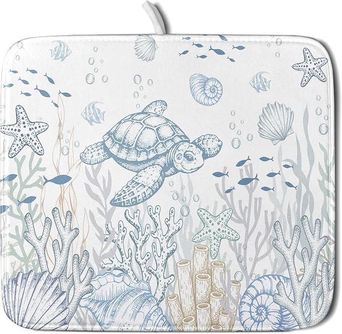Giwawa Ocean Turtle Dish Drying Mat, Coastal Sea Tortoise Decorative Dish Drainer Mats, Summer Nautical Beach Themed Reversible Dish Drying Rack Pad Protector for Kitchen Countertop, 16"x18"