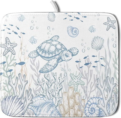Giwawa Ocean Turtle Dish Drying Mat, Coastal Sea Tortoise Decorative Dish Drainer Mats, Summer Nautical Beach Themed Reversible Dish Drying Rack Pad Protector for Kitchen Countertop, 16"x18"