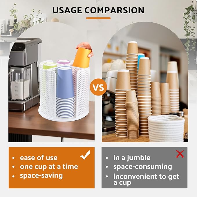 Rotating Paper Cup Dispenser with 4 Compartments, Disposable Coffee Cup Storage & Lid Holder for Countertops, Kitchen, Coffee Stations (White) - Image 3