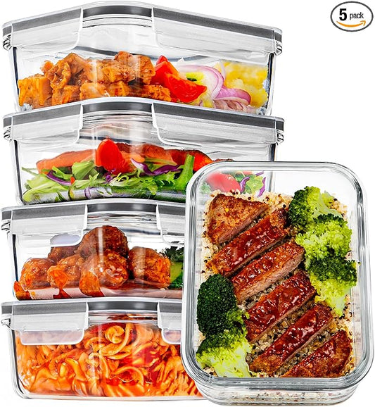 Vtopmart 5Pack 30oz Glass Storage Containers with Lids, Glass Meal Prep Food Container Sets with Snap Airtight Lids for Microwave, Oven, Freezer and Dishwasher, Grey by Vtopmart