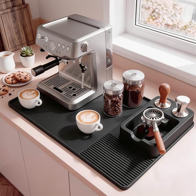Silicone Coffee Mat and Espresso Tamping Mat, Detachable Espresso Coffee Bar Accessories, Coffee Bar Mat Suitable for Use Under coffee Maker, Dish Drying Mat for Kitchen Countertop Protector Mat,Black