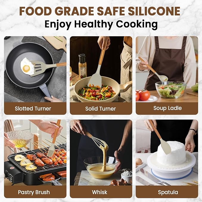 Kitchen Utensils Set - 12 Pcs Silicone Cooking Utensils Set with Wooden Handle - Heat Resistant Non-Stick BPA Free Spatula Set,Turner, Spoon, Brush, Silicone Kitchen Gadgets Utensil Set - Image 4