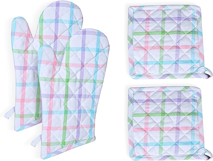 Native Fab 4 Piece Set - 2 Oven Mitts & 2 Potholders, Heat Resistant, 100% Cotton, Quilted Design, Non-Slip Grip, Ideal for Baking, Cooking, BBQ, Kitchen Protection, Multi-Color Checks by NativeFab