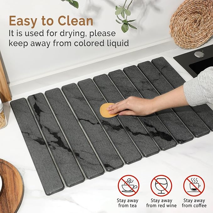 Large Stone Dish Drying Mat for Kitchen Counter, Quick Dry Stone Dishes Mats,Foldable Water Absorbing Diatomaceous Earth Drying Organizer Pad for Plate Rack Bottles Utensils(Dark Gray 24"×16" & 8"x4") - Image 5