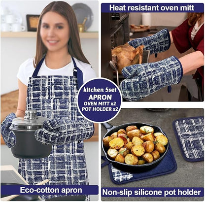 Alselo Oven Mitts and Pot Holders with Cooking Apron,Set of 5 Heat Resistant Kitchen Gloves and Silicone Non-Slip Potholders Adjustable Neck Buckle Chef Apron, Cotton Nice Design for Cooking (Navy)