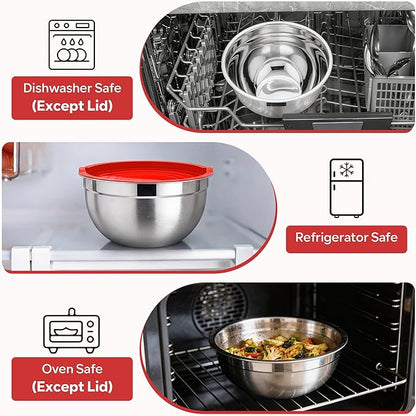 E-far Mixing Bowls With Lids Sets of 5, 10-Piece Stainless Steel Salad Metal Nesting Bowl for Baking Cooking and Prepping, Airtight Lid & Stackable Design, Size 4.6, 3, 2.1, 1.5, 0.7 QT, Red - Image 7