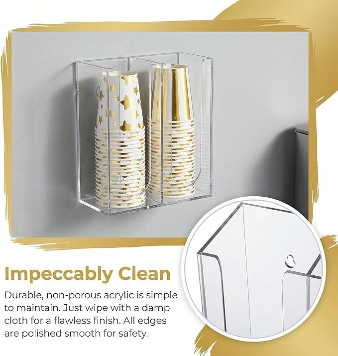 Acrylic Coffee Cup and Lid Storage Organizer Holder, 2 Compartments Disposable Paper Cup Dispenser, Clear Plastic Cups and Lids Organizer for Kitchen, Countertop, Coffee Bar