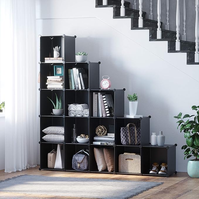 C&AHOME Cube Storage Organizer, 16-Cube Shelves Units, Plastic Storage Cubes, DIY Closet Organizer, Modular Closet Storage Shelves Ideal for Home, Bedroom, 48.4" L × 12.4" W × 48.4" H Black SUM3016H - Image 2