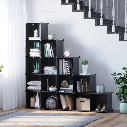 C&AHOME Cube Storage Organizer, 16-Cube Shelves Units, Plastic Storage Cubes, DIY Closet Organizer, Modular Closet Storage Shelves Ideal for Home, Bedroom, 48.4" L × 12.4" W × 48.4" H Black SUM3016H - Image 2