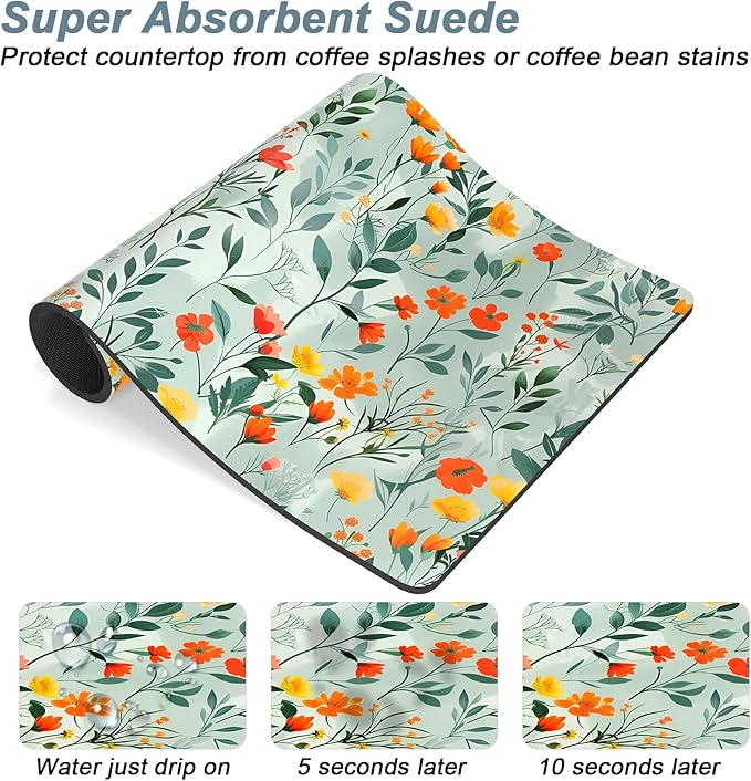 Rnivvi Coffee Mat, 12" x 19" Cute Coffee Bar Mats for Espresso Machine Station Accessories and Organizer, Hide Stain Rubber Backed Absorbent Dish Drying Pad for Kitchen Counter, Abstract Flowers - Image 3