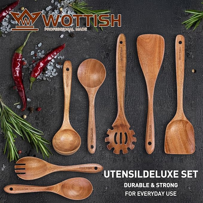 Wooden Utensil Set,WOTTISH 7Pcs Nonstick Wood Spatula,Wooden Kitchen Utensils Set Non Toxic,Wooden Spoons for Cooking（A07） - Image 2