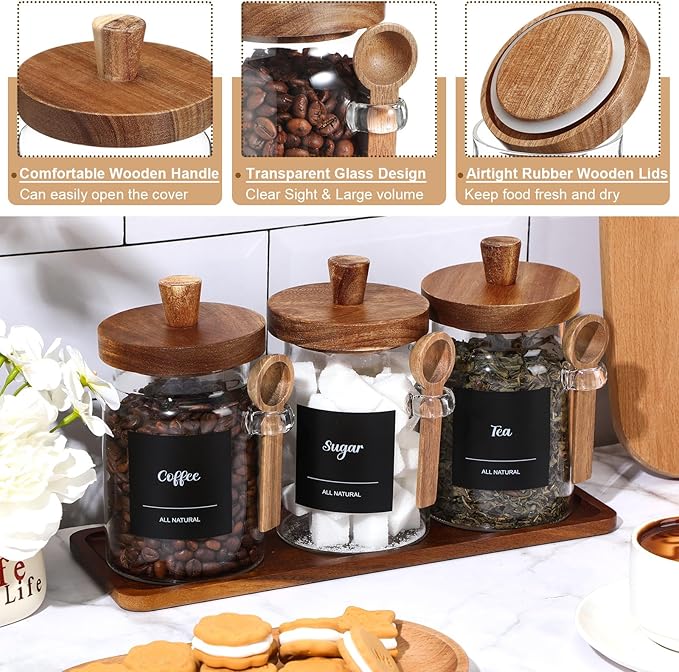 Suclain 3 Pcs Glass Coffee Container with Wooden Lid Spoon Shelf Labels Clear Airtight Jar Food Storage Canister Set for Sugar Spice Coffee Bean Holder Housewarming Gift(20 oz,Acacia Brown) - Image 3