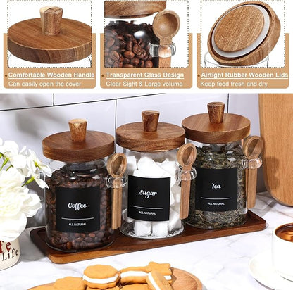 Suclain 3 Pcs Glass Coffee Container with Wooden Lid Spoon Shelf Labels Clear Airtight Jar Food Storage Canister Set for Sugar Spice Coffee Bean Holder Housewarming Gift(20 oz,Acacia Brown) - Image 3