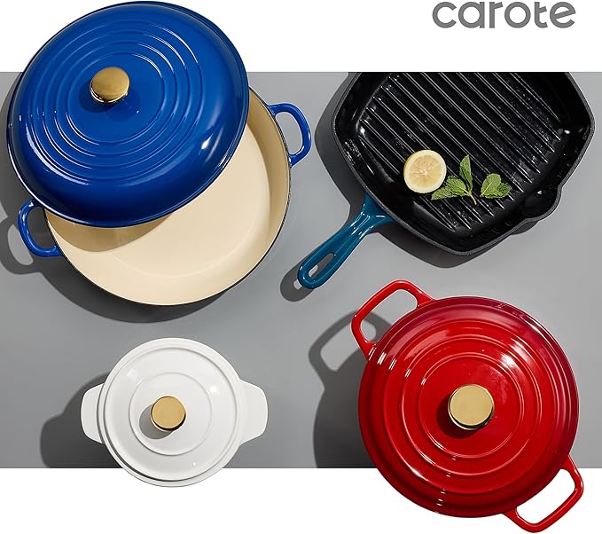 CAROTE 2QT Enameled Cast Iron Dutch Oven Pot with Lid, Mini Round, White
