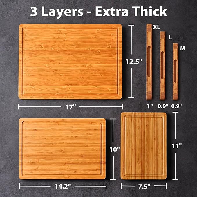 Allsum Carbonized Bamboo Wood Cutting Boards for Kitchen, 1” Thick Wooden Butcher with Juice Grooves and Handles, Cute Cheese Charcuterie Boards as a Gift for Chef, Family, 3 Pack - Image 5