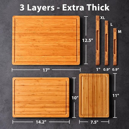 Allsum Carbonized Bamboo Wood Cutting Boards for Kitchen, 1” Thick Wooden Butcher with Juice Grooves and Handles, Cute Cheese Charcuterie Boards as a Gift for Chef, Family, 3 Pack - Image 5