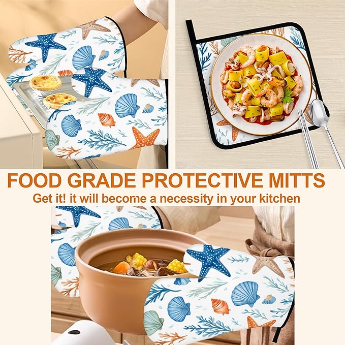 Starfish Shell Pattern Oven Gloves and Hot Pads Set - Heatproof Hand Protection for Baking, Grilling, Cooking 4Pcs