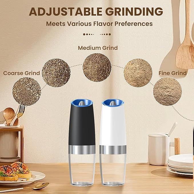 Gravity Electric Salt And Pepper Grinder Set, Automatic Salt And Pepper Grinder Set, Battery Powered (6 AAA Batteries Each), Adjustable Roughness, LED Light, 2 Pack, (Black+White) - Image 3
