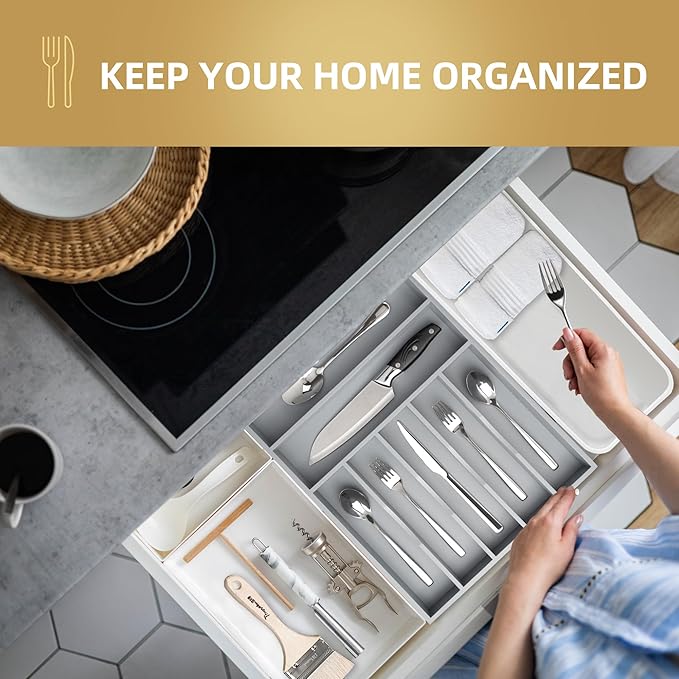 Besilord Silverware Organizer 13 Inch Gray Bamboo Kitchen Drawer Organizer 7 Slots Utensil Organizer Silverware Holder Cutlery Organizer Flatware Tray (Large) - Image 5