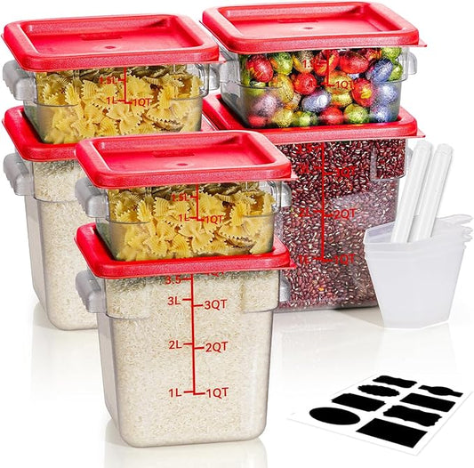 2QT4QT NSF Food Storage Containers: 6PCS [Food Grade][Hot&Cold Resistant] Commercial Clear Food Storage Containers with Lids for Restaurant Kitchen Proof Dough, Measuring Spoons Included(Red N) by SVKLHY