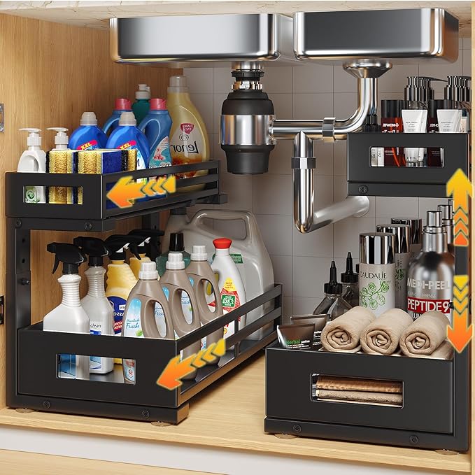 2-Pack 17"Deep Under Sink Organizer And Storage, 2-Tier L-Shaped Pull Out Cabinet Organizer with Upgraded Slide Rails, Height Adjustable Drawers for Kitchen&Bathroom, Extra-Large Storage Shelves–Black by UnderSinkOrganizer