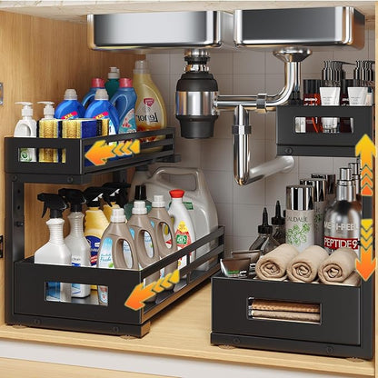 2-Pack 17"Deep Under Sink Organizer And Storage, 2-Tier L-Shaped Pull Out Cabinet Organizer with Upgraded Slide Rails, Height Adjustable Drawers for Kitchen&Bathroom, Extra-Large Storage Shelves–Black by UnderSinkOrganizer