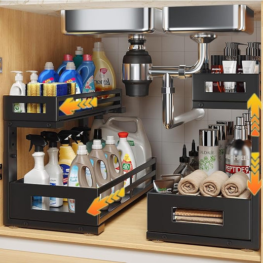 2-Pack 17"Deep Under Sink Organizer And Storage, 2-Tier L-Shaped Pull Out Cabinet Organizer with Upgraded Slide Rails, Height Adjustable Drawers for Kitchen&Bathroom, Extra-Large Storage Shelves–Black by UnderSinkOrganizer