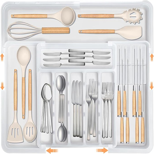 Homecor Silverware Organizer for Kitchen Drawer, Expandable Utensil Drawer Organizer with 2 Knife Block, Flatware and Cutlery Holder, Adjustable Plastic Storage for Spoons Forks Knives by HOMECOR