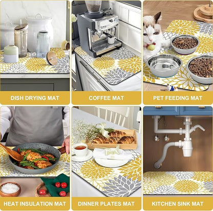 Findosom 2PCS 12" x 20" Fall Dish Drying Mat & 24" x 5.5" Sink Splash Guard, Super Absorbent & Cuttable Dish Mat Drying Kitchen Mat with Yellow Floral, Hide Stain Drying Mat for Kitchen Counter - Image 6
